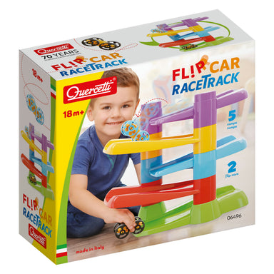 Quercetti Flip Car RaceTrack toy packaging with a child playing on a white background