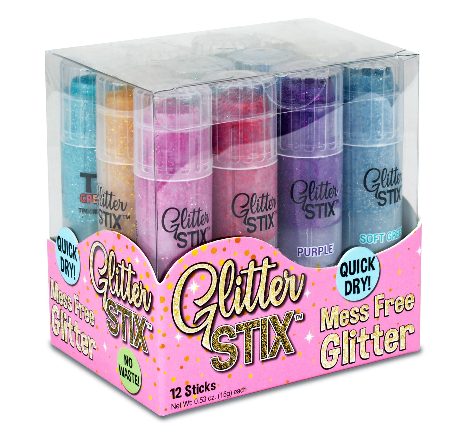 Box of Glitter Stix with colorful sticks inside on a white background