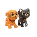 Two toy figures, one orange dog and one black cat, on a white background