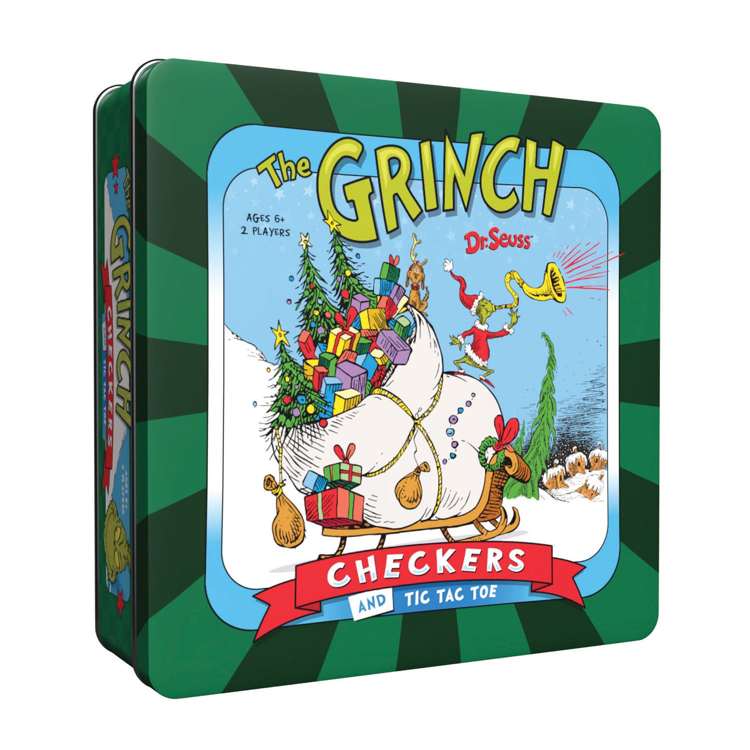Board game box for 'The Grinch' featuring a festive design with a Grinch character and Christmas elements.