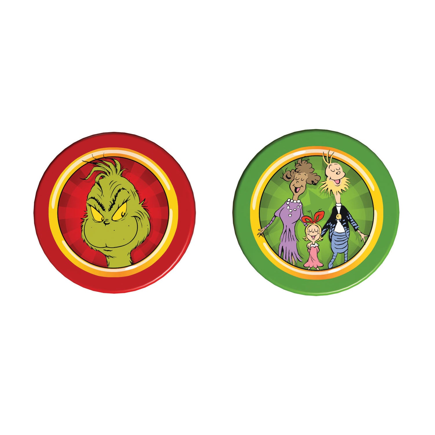 Two round pin-back buttons featuring characters from Dr. Seuss's The Grinch and Andersen's Family.