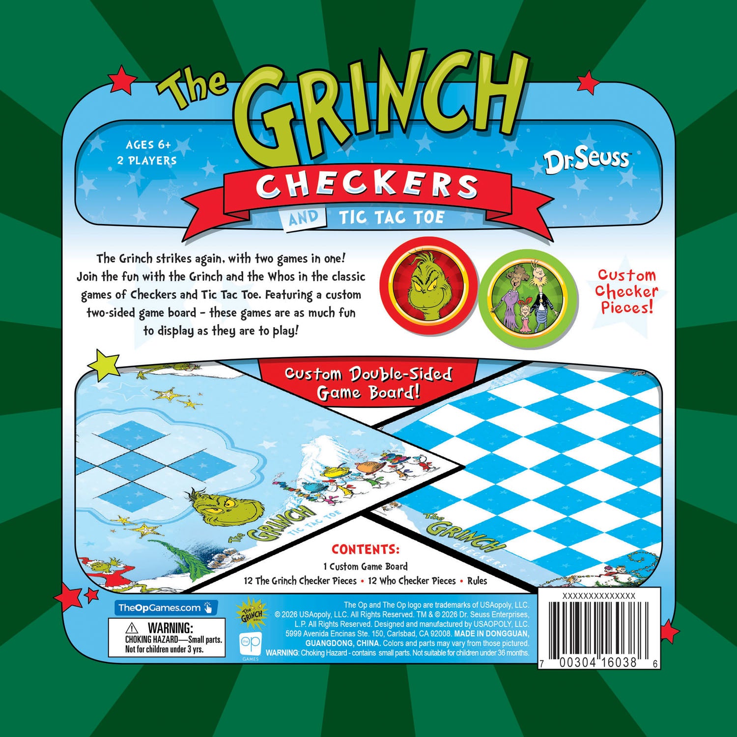 Back of The Crinch and Tic Tac Toe game box by Dr. Seuss, showing the custom double-sided game board design, contents, and a barcode on a green background.