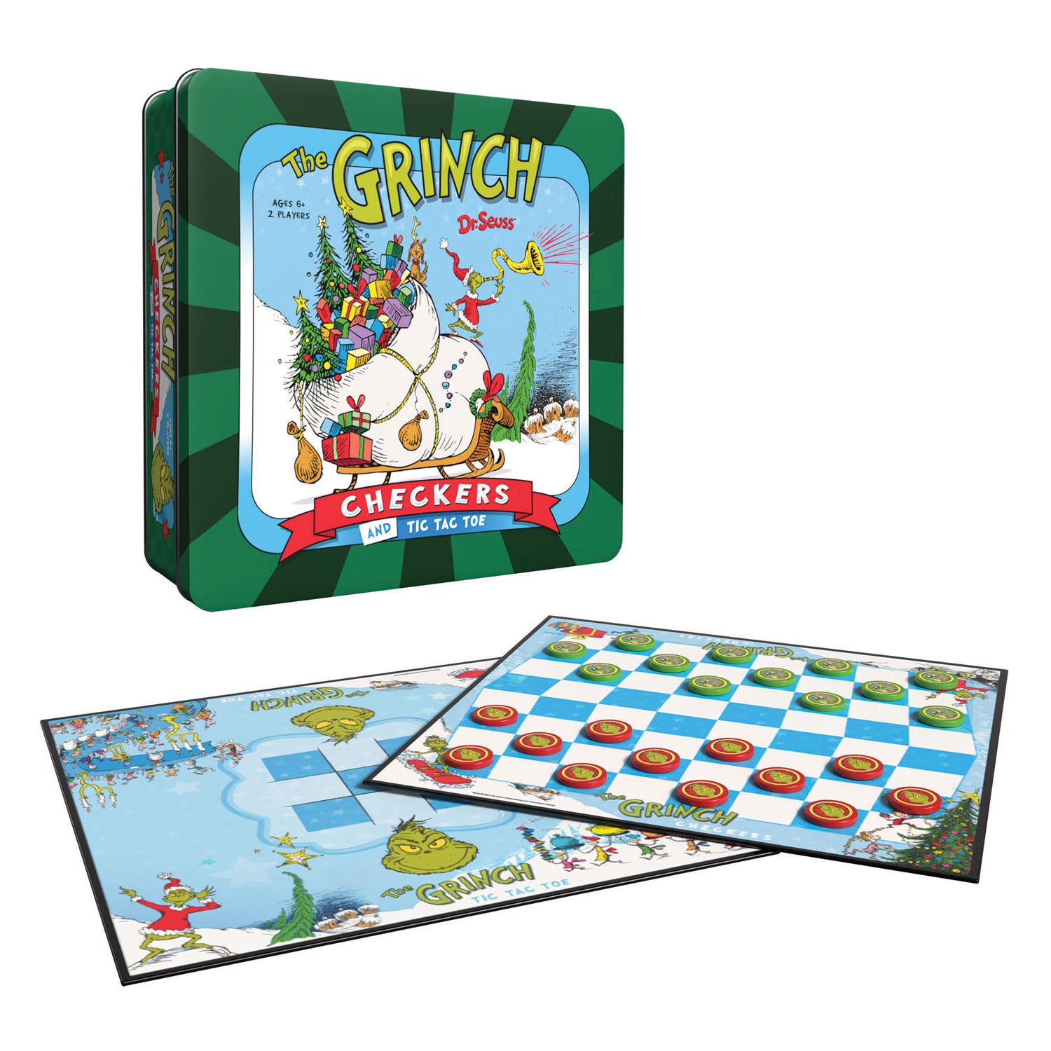 Dr. Seuss The Grinch checkers game set with packaging on a white background