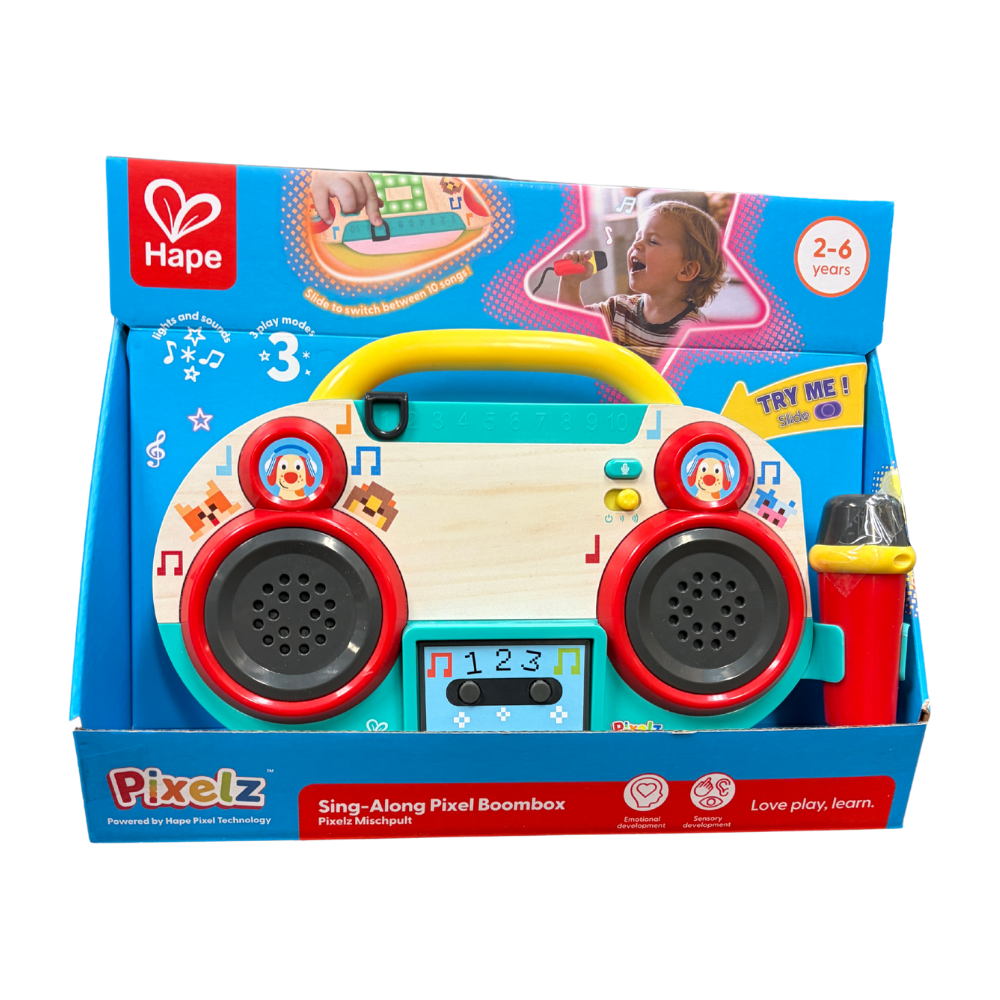 Pixelz Sing-Along Pixel Boombox toy packaging with Hape logo on a white background