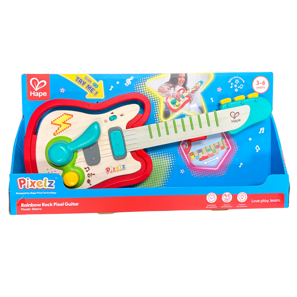 Pixelz Rainbow Rock Pixel Guitar toy in its packaging on a white background