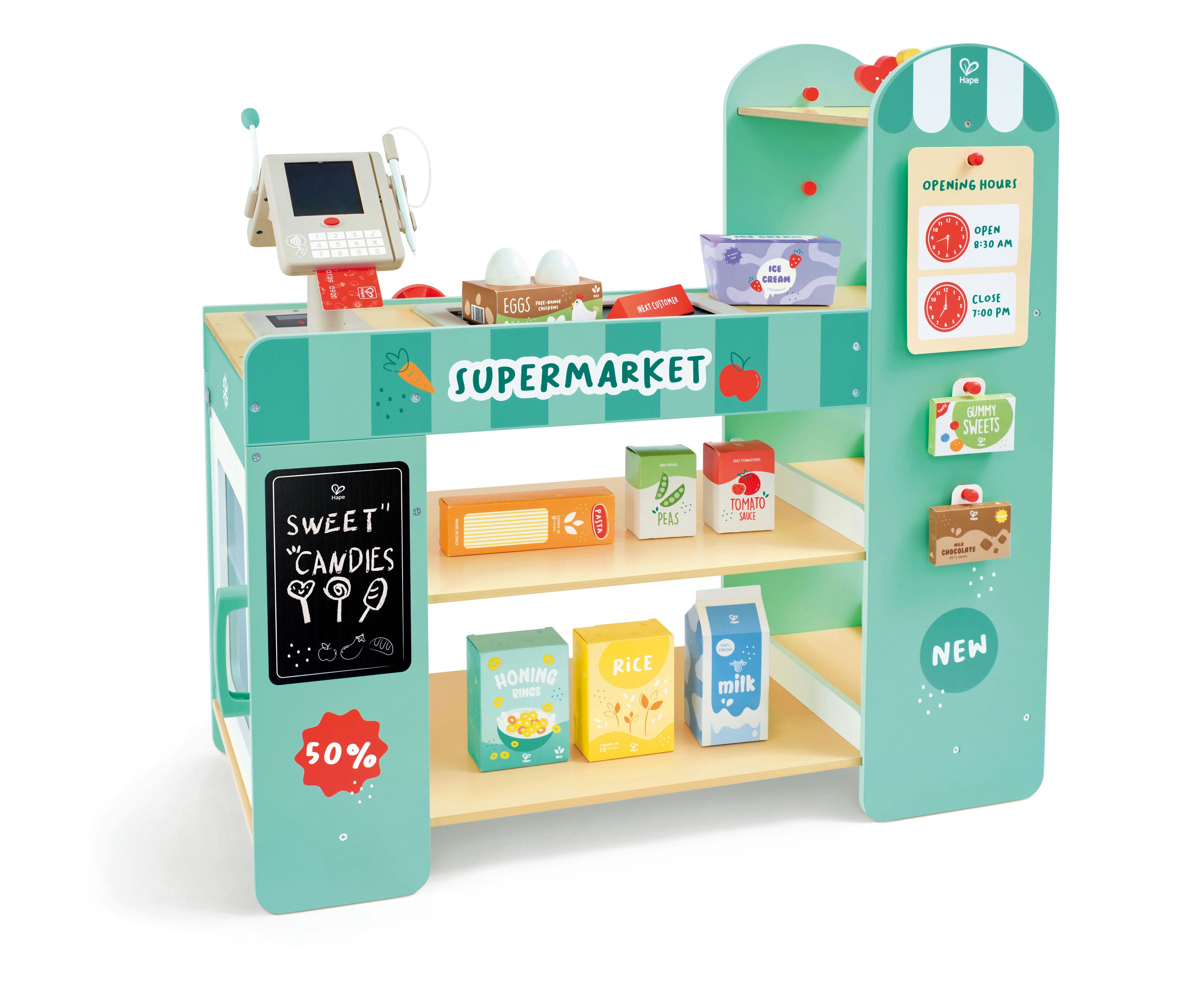 Toy supermarket set with shelves and a cash register on a white background