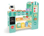 Toy supermarket set with shelves and a cash register on a white background