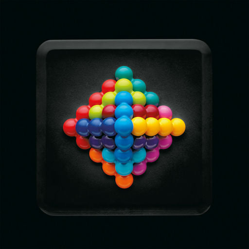 A pyramid arrangement of colorful, glossy spherical beads or candies in red, yellow, blue, green, purple, orange, and pink, centered on a dark square background.