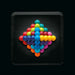 A pyramid arrangement of colorful, glossy spherical beads or candies in red, yellow, blue, green, purple, orange, and pink, centered on a dark square background.
