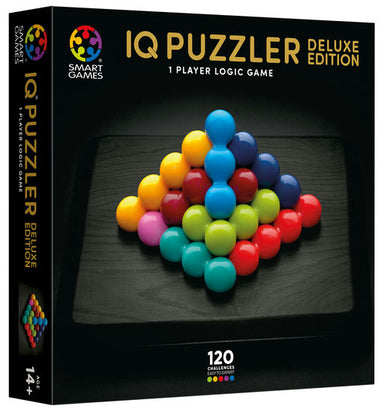 IQ Puzzler Deluxe Edition game box by Smart Games, featuring a black box with a pyramid of colorful balls on a dark surface and the title in gold text.
