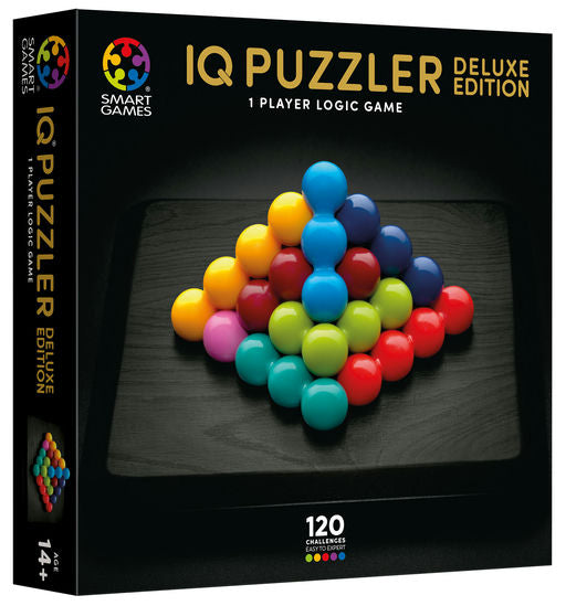 IQ Puzzler Deluxe Edition game box by Smart Games, featuring a black box with a pyramid of colorful balls on a dark surface and the title in gold text.