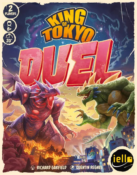 Board game box for 'King of Tokyo Duel' featuring two creatures and the iello logo.