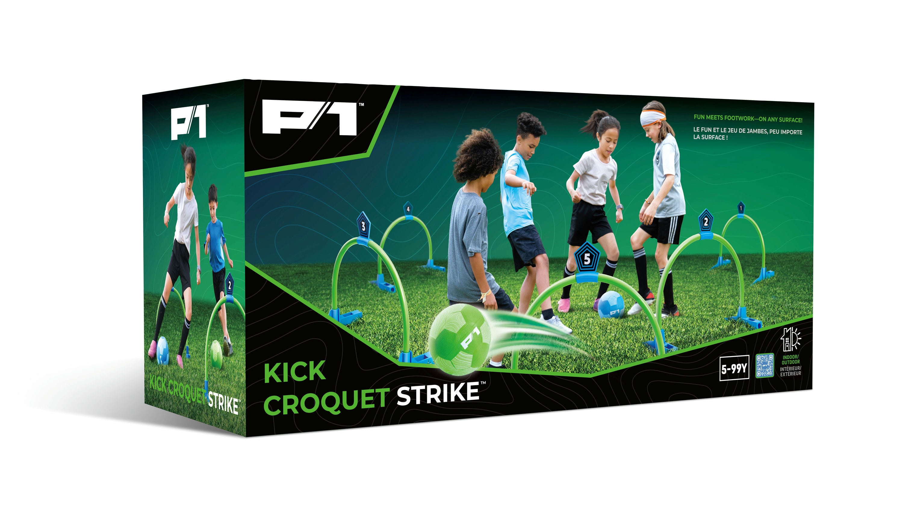 P1 Kick Croquet Strike product packaging with children playing on a grass field.