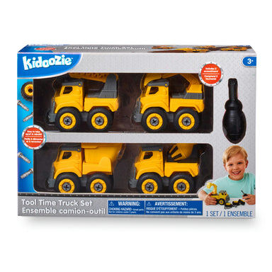 Toy truck set packaging with four yellow trucks and a remote control, featuring the Kidoozie brand.