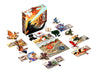 A board game set displayed on a white background, including a colorful illustrated box, a game board, cards, tokens, and small figurines with fantasy creature artwork.