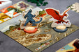 Board game pieces with characters on a map
