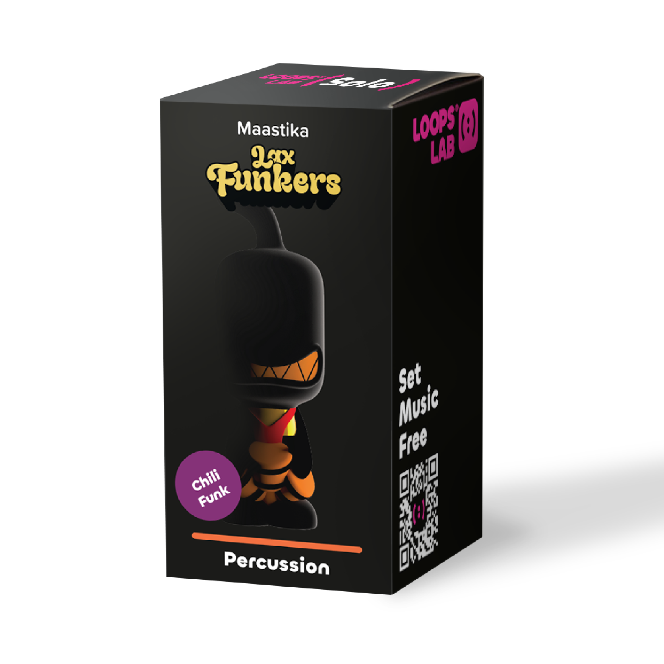 Product packaging for 'Lax Funkers' by Maastika with branding and product details on a black background.