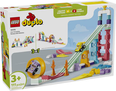 LEGO Duplo toy set packaging with a race track and vehicles on a white background