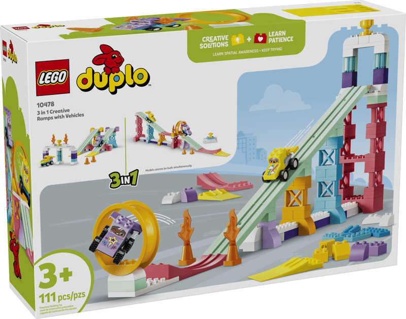 LEGO Duplo toy set packaging with a race track and vehicles on a white background