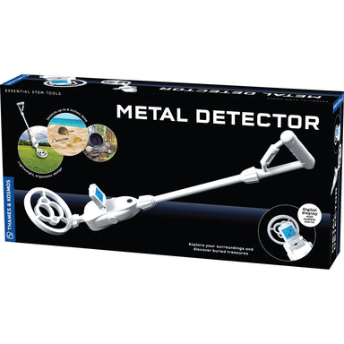 A boxed metal detector product on a plain white background. The retail box is predominantly black with large white text reading 'METAL DETECTOR' and shows a white metal detector illustrated across the front, along with small circular usage photos and a blue vertical brand strip reading 'THAMES & ROSS'.