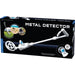 A boxed metal detector product on a plain white background. The retail box is predominantly black with large white text reading 'METAL DETECTOR' and shows a white metal detector illustrated across the front, along with small circular usage photos and a blue vertical brand strip reading 'THAMES & ROSS'.
