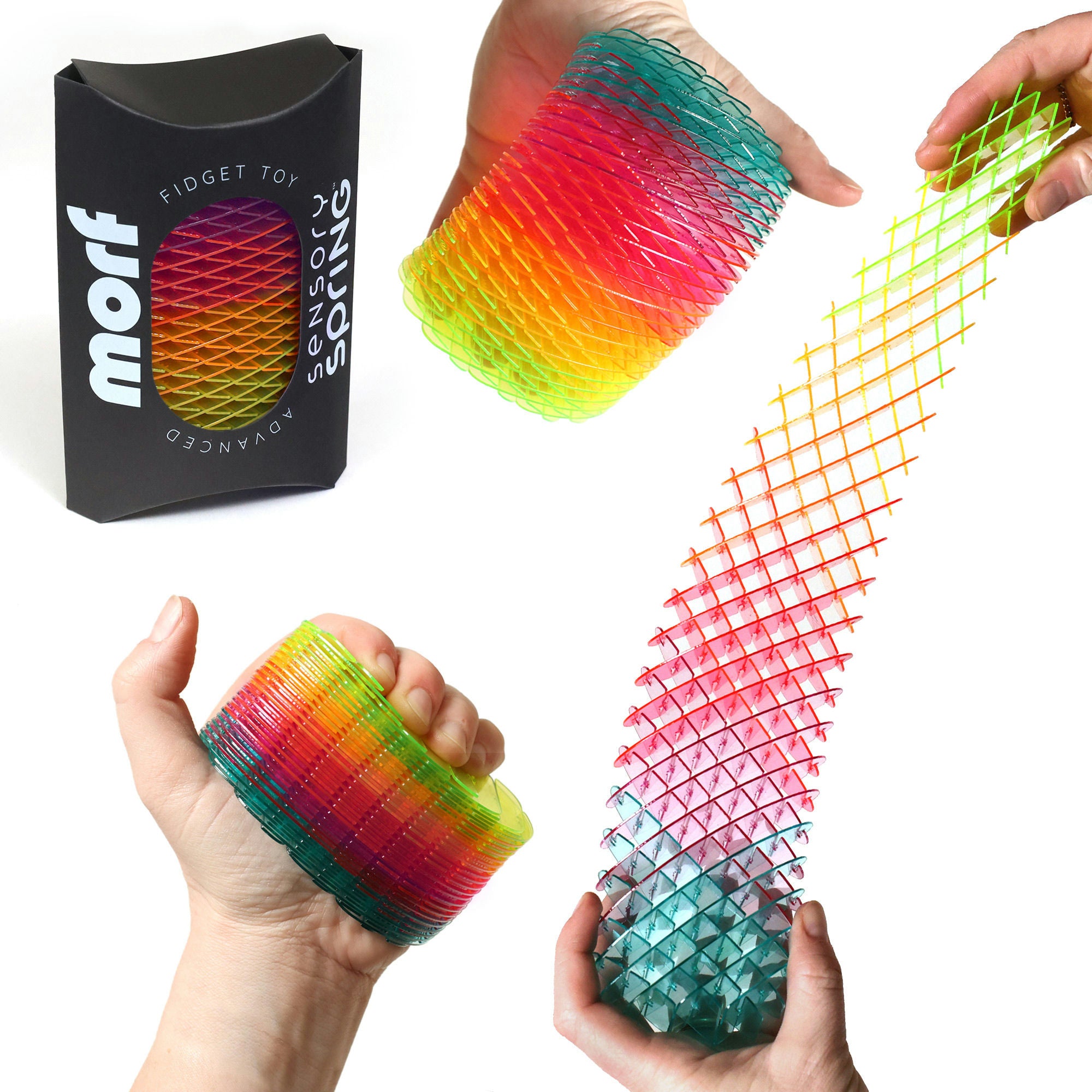 Colorful fidget toy with packaging and usage examples on a white background
