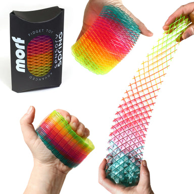 Colorful fidget toy with packaging and usage examples on a white background