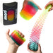 Colorful fidget toy with packaging and usage examples on a white background