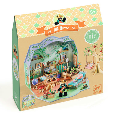 Boxed toy house with panda figures and furniture, featuring the brand 'My House' and 'Djeco'.