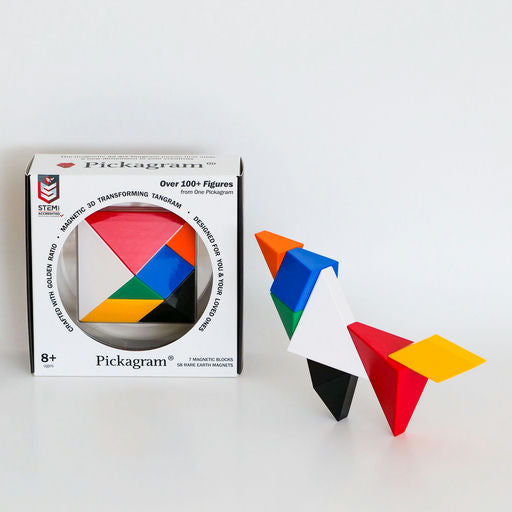 STEM Pickagram 3D transforming tangram set shown with its retail box on a clean white background, alongside a constructed geometric bird figure made of the colorful puzzle pieces.