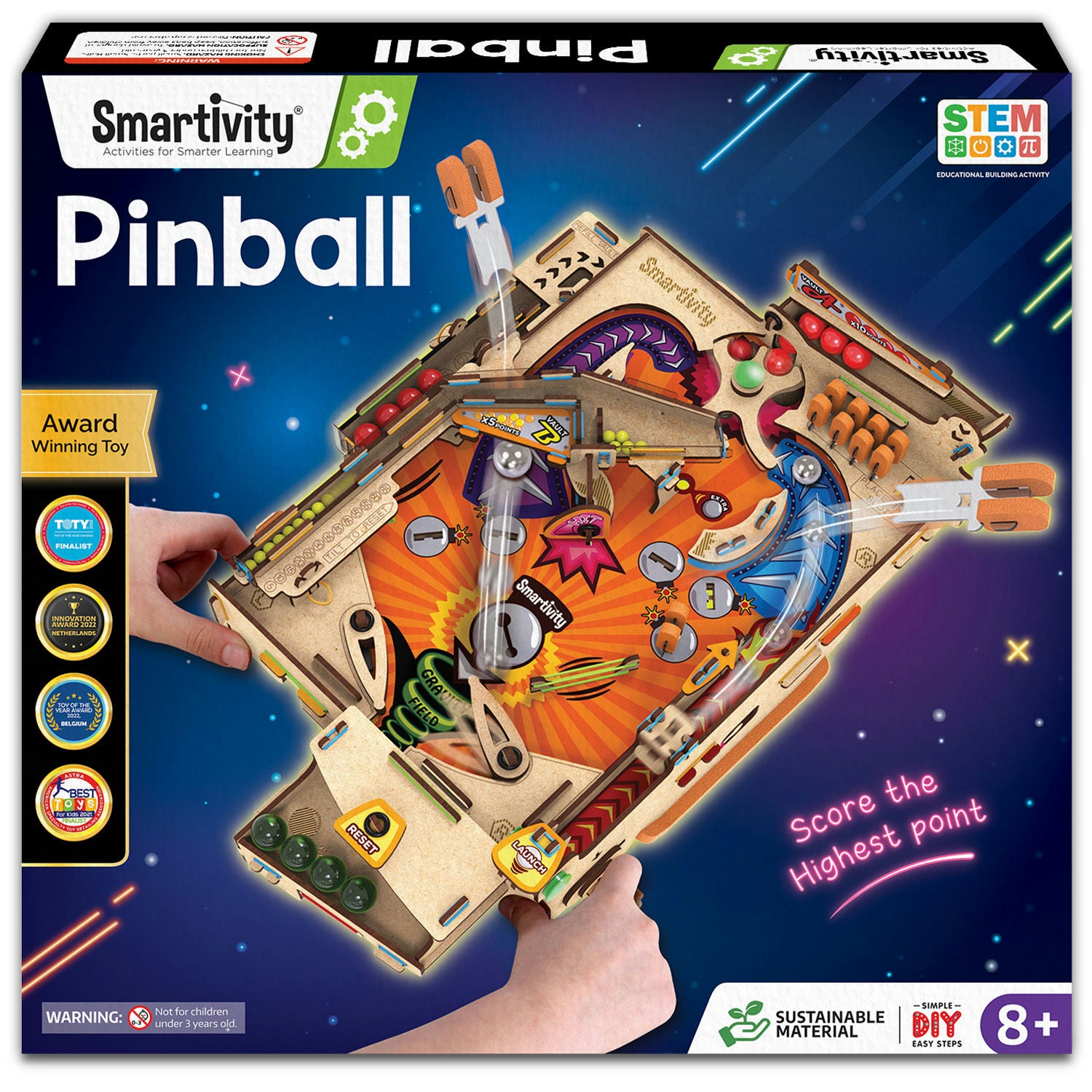 Smartivity Pinball toy set packaging with a hand holding the pinball machine.