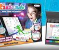 A colorful retail package for a digital drawing tablet kit, featuring a cartoon illustration of a boy drawing on a tablet screen, alongside product photos of the tablet and its accessories.