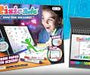 A colorful retail package for a digital drawing tablet kit, featuring a cartoon illustration of a boy drawing on a tablet screen, alongside product photos of the tablet and its accessories.