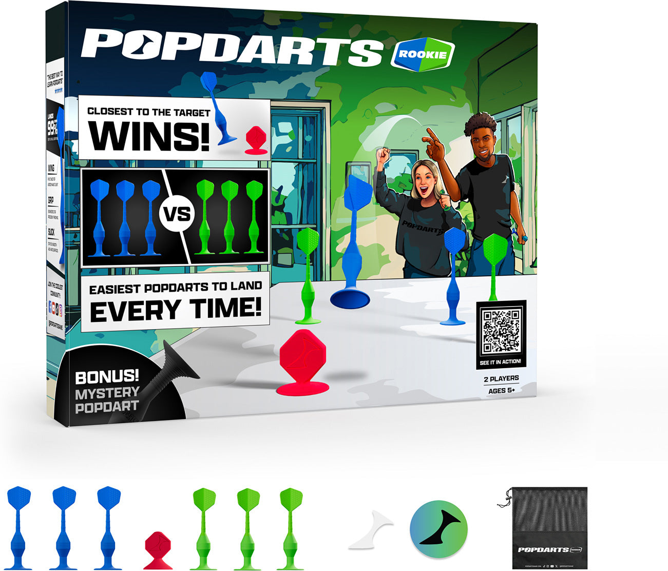 Popdarts game box with colorful darts and promotional text on a white background