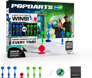 Popdarts game box with colorful darts and promotional text on a white background