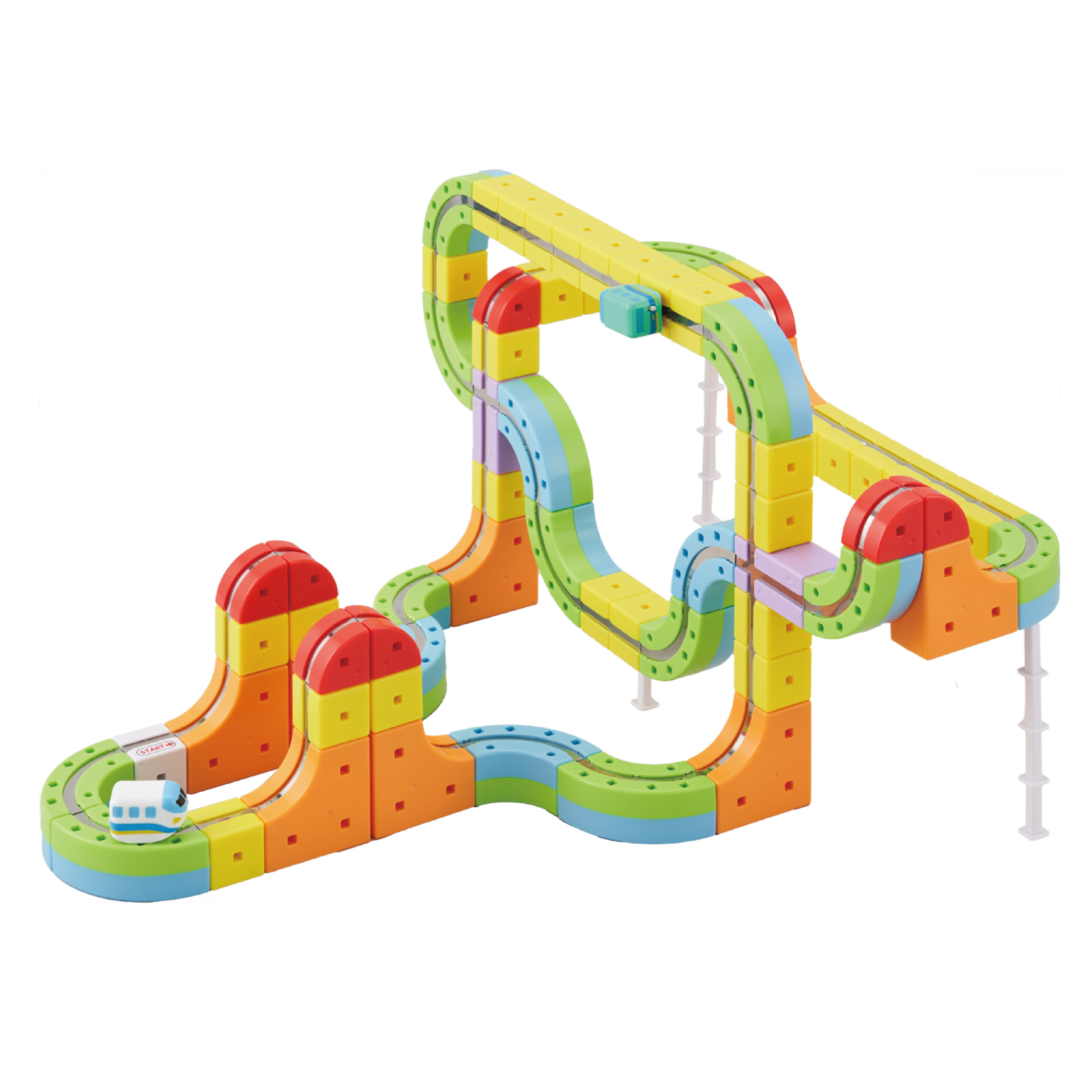 Colorful toy marble track set on a white background