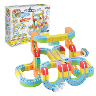 Colorful magnetic monorail toy set with packaging on a white background
