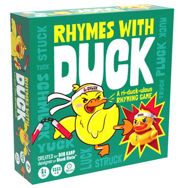 Board game box titled 'Rhymes with Duck' featuring cartoon ducks on a green background.
