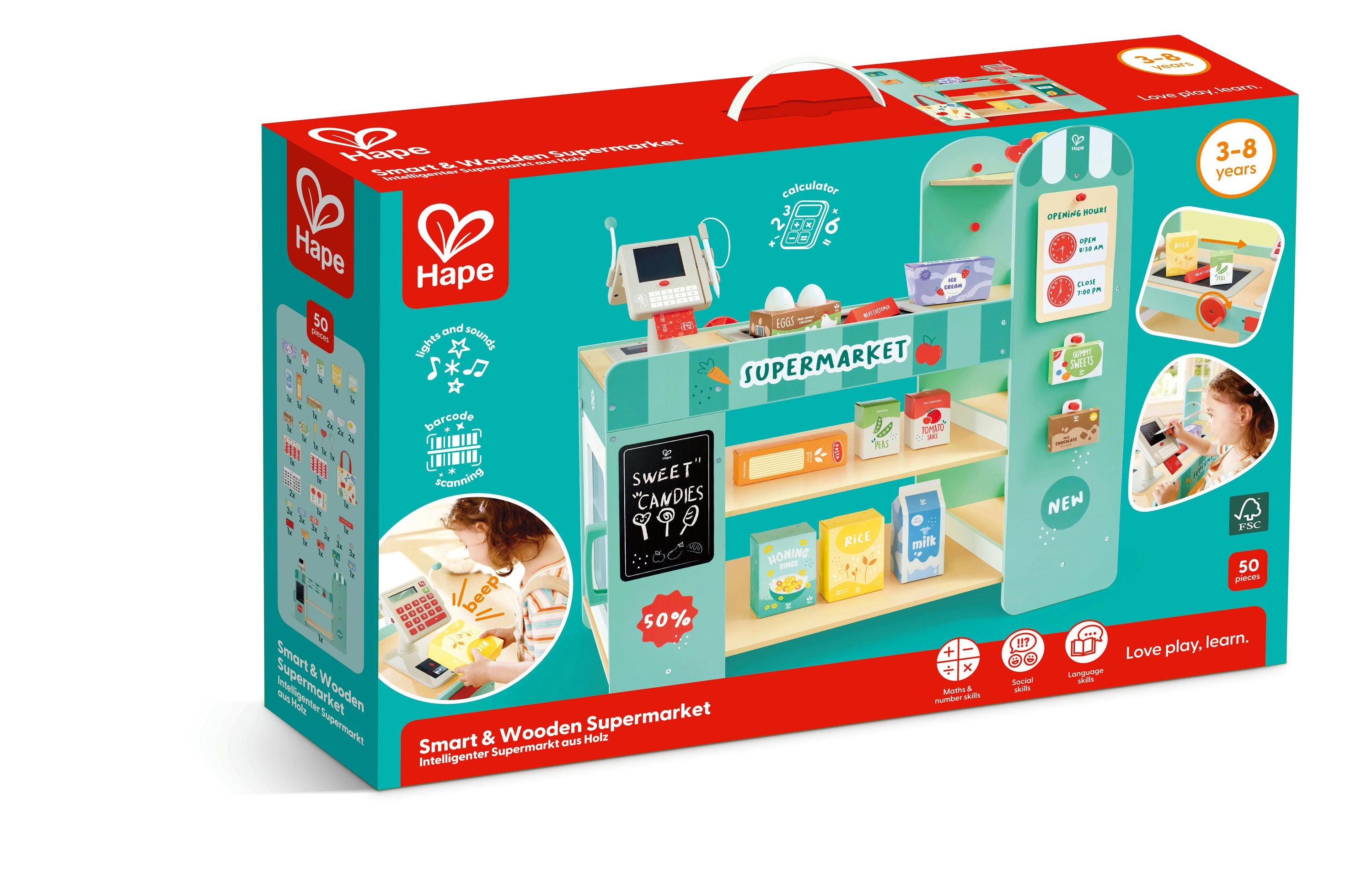 Hape Smart & Wooden Supermarket toy set packaging on a white background