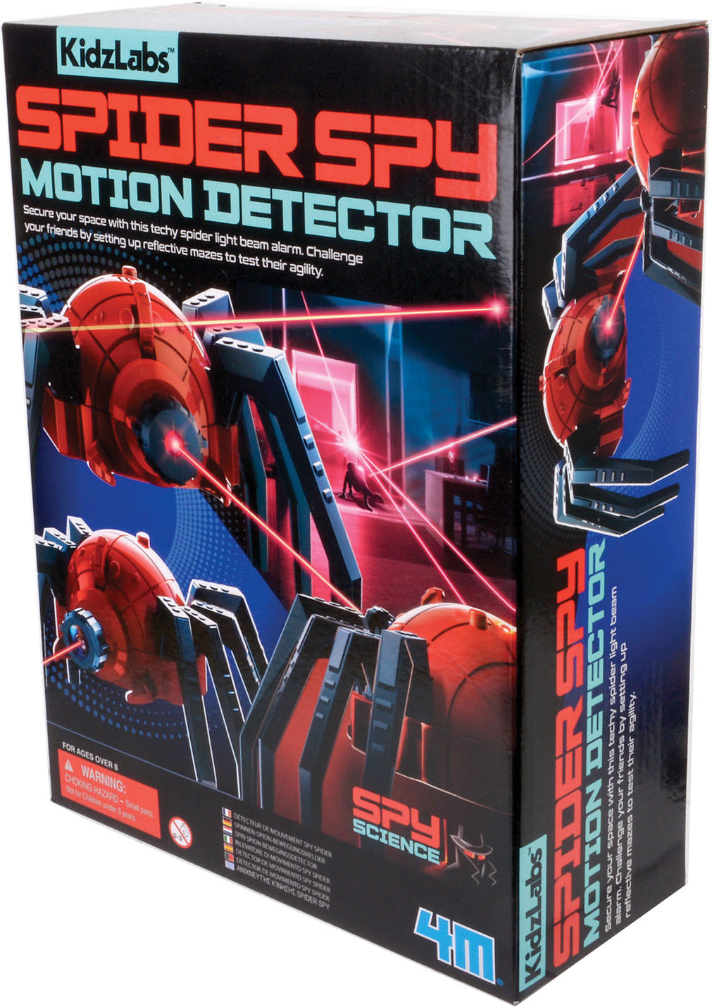 Box packaging for the KidzLabs Spider Spy Motion Detector toy, featuring red and black spider-shaped motion detector graphics on a dark background with bright red and blue text.