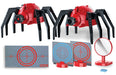 Two red and black spider-shaped toy drones shown on a white background, with target sheets and a small round mirror accessory displayed below.