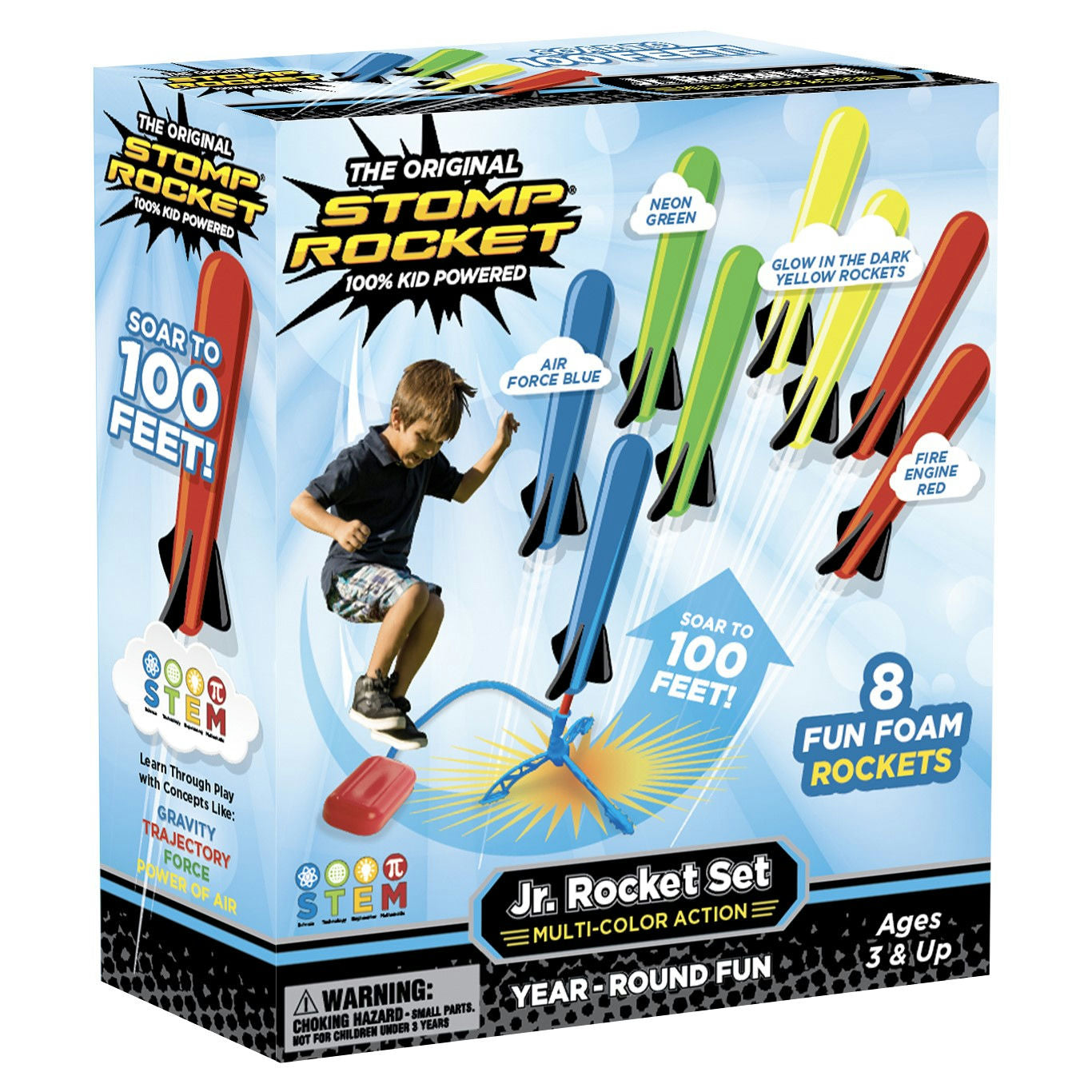 Stomp Rocket packaging with colorful rockets and child playing, on a white background