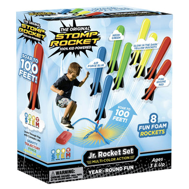 Stomp Rocket packaging with colorful rockets and child playing, on a white background