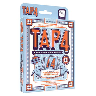 Card game packaging for 'Tap 4' with colorful design and text.