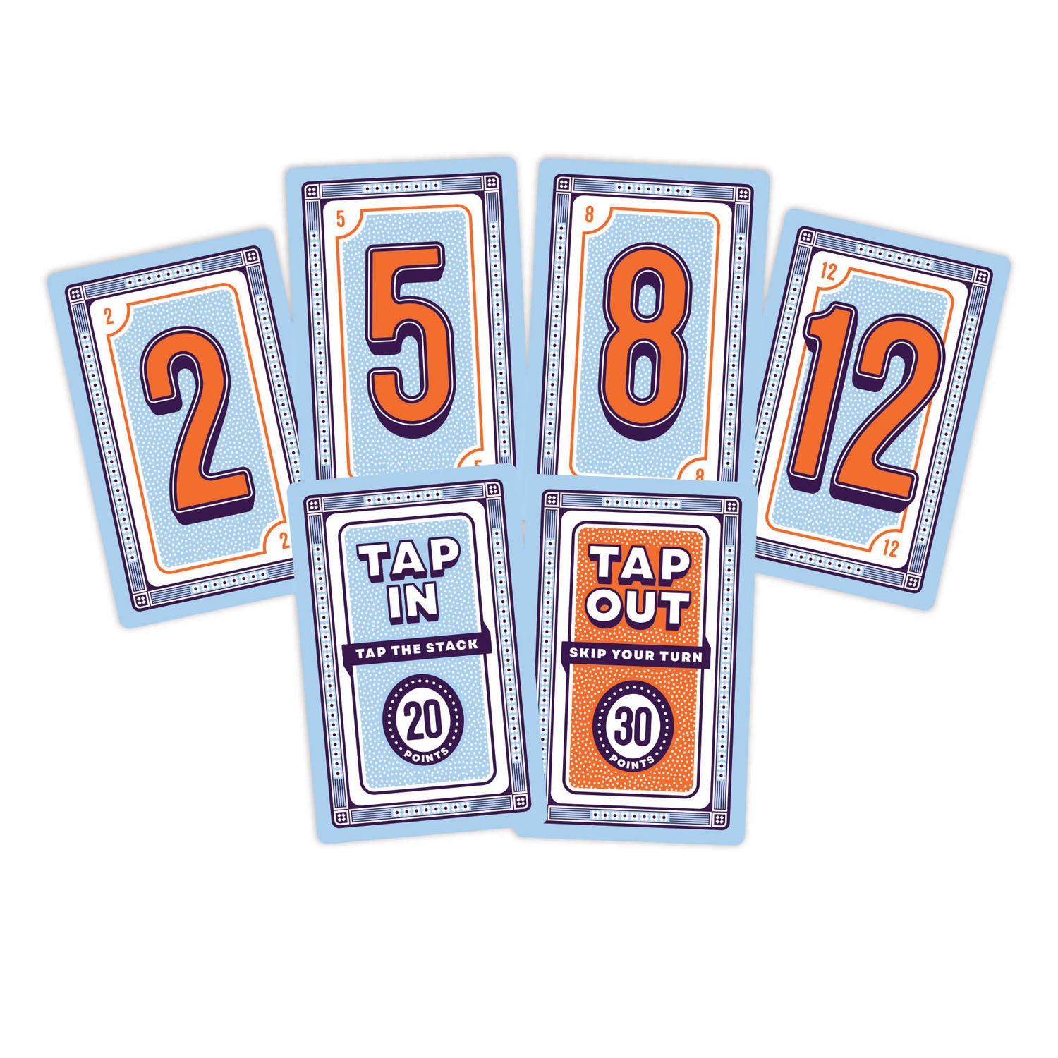 Five cards arranged on a white background, featuring large numbers 2, 5, 8, and 12, plus cards reading 'TAP IN' and 'TAP OUT' with counts 20 and 30.