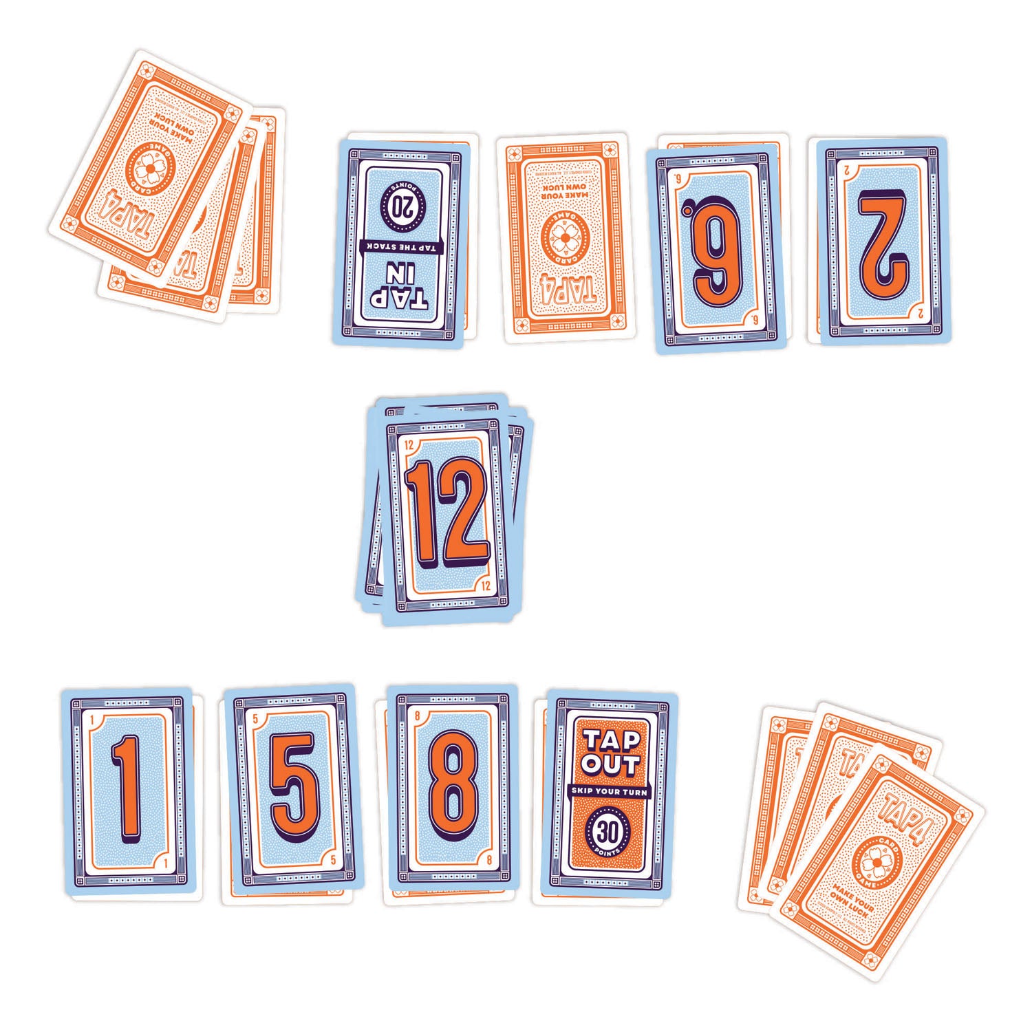 A set of illustrated playing cards arranged on a plain white background, showing multiple face-up cards and several cards fanned out. The cards feature retro ticket-style designs in orange, blue, and white, with numbers and a tap-out card visible.