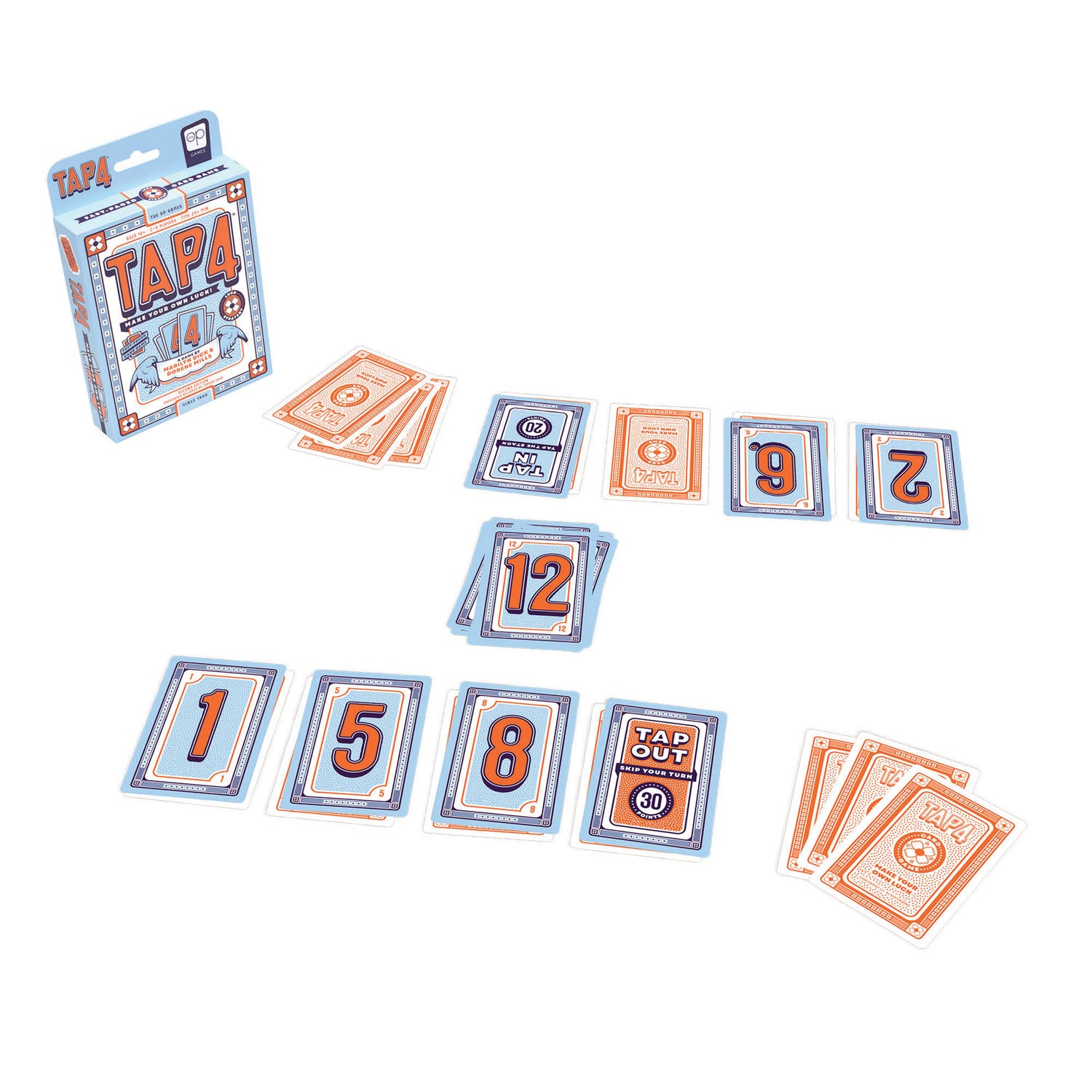 Card game 'Tap 4' with cards and packaging on a white background