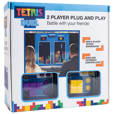 Box for Tetris Duel 2 player plug and play game with two people playing on a screen.