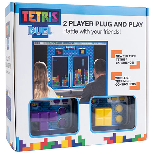 Box for Tetris Duel 2 player plug and play game with two people playing on a screen.