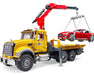 Toy tow truck with crane lifting a red car on a white background